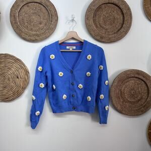 Mini Boden Blue Flower Cardigan Sweater Girls 11-12 Button Up Knit Daisy Floral